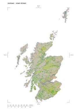 İskoçya 'nın bir topoğrafi, OSM Fransa tarzı haritası - Büyük Britanya, uzaklık ölçeği ve harita sınır koordinatları, beyaz üzerinde izole