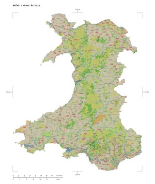 Bir topoğrafik şekli, OSM Fransa tarzı Galler haritası - Büyük Britanya, uzaklık ölçeği ve harita sınır koordinatları, beyaz üzerinde izole