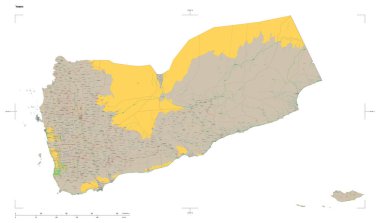 Bir topoğrafik şekli, OSM Fransa tarzı Yemen haritası, uzaklık ölçeği ve harita sınır koordinatları, beyaz üzerinde izole