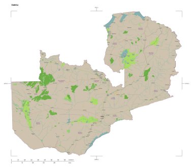 Zambiya 'nın bir topoğrafi, OSM Fransa tarzı haritası, uzaklık ölçeği ve harita sınır koordinatları, beyaz üzerinde izole