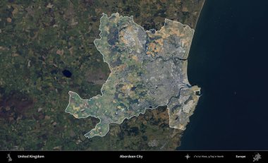 Aberdeen Şehri. Birleşik Krallık 'ın idari alanı karartılmış bir B uydusu görüntüsüyle vurgulanmış ve özetlenmiştir