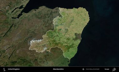 Aberdeenshire 'da. Birleşik Krallık 'ın idari alanı karartılmış bir B uydusu görüntüsüyle vurgulanmış ve özetlenmiştir