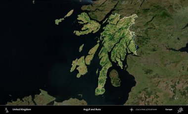Argyll ve Bute. Birleşik Krallık 'ın idari alanı karartılmış bir B uydusu görüntüsüyle vurgulanmış ve özetlenmiştir
