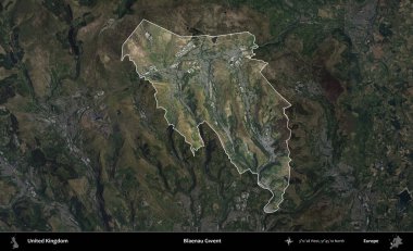 Blaenau Gwent. Birleşik Krallık 'ın idari alanı karartılmış bir B uydusu görüntüsüyle vurgulanmış ve özetlenmiştir