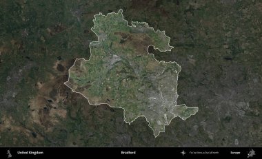 Bradford. Birleşik Krallık 'ın idari alanı karartılmış bir B uydusu görüntüsüyle vurgulanmış ve özetlenmiştir