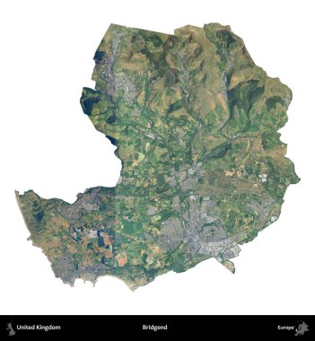 Bridgend. Birleşik Krallık 'ın idari alanı B uydusundaki görüntülerde beyaza izole edildi