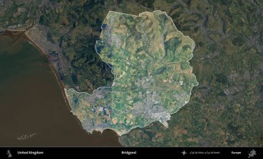 Bridgend. Birleşik Krallık 'ın idari alanı karartılmış bir B uydusu görüntüsüyle vurgulanmış ve özetlenmiştir