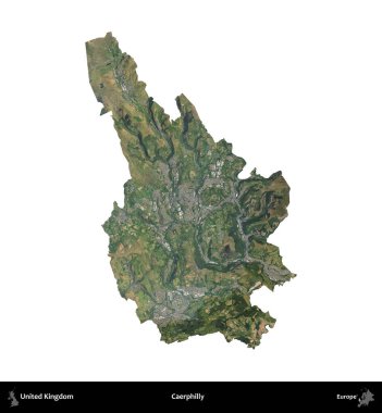 Caerphilly 'de. Birleşik Krallık 'ın idari alanı B uydusundaki görüntülerde beyaza izole edildi