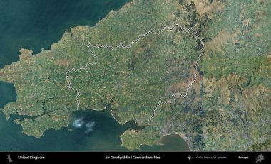 Sör Gaerfyrddin / Carmarthenshire. Birleşik Krallık 'ın B uydusu görüntülerinde özetlenmiş idari alanı