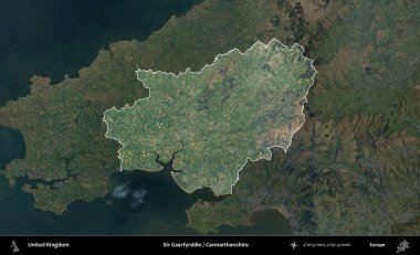 Sör Gaerfyrddin / Carmarthenshire. Birleşik Krallık 'ın idari alanı karartılmış bir B uydusu görüntüsüyle vurgulanmış ve özetlenmiştir