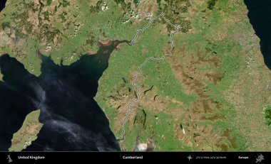 Cumberland. Birleşik Krallık 'ın B uydusu görüntülerinde özetlenmiş idari alanı