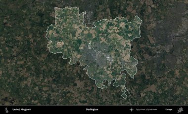 Darlington. Birleşik Krallık 'ın idari alanı karartılmış bir B uydusu görüntüsüyle vurgulanmış ve özetlenmiştir