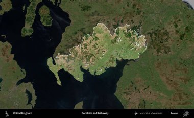 Dumfries ve Galloway. Birleşik Krallık 'ın idari alanı karartılmış bir B uydusu görüntüsüyle vurgulanmış ve özetlenmiştir