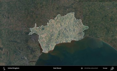 Doğu Devon. Birleşik Krallık 'ın idari alanı karartılmış bir B uydusu görüntüsüyle vurgulanmış ve özetlenmiştir