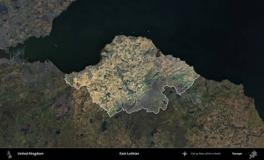 Doğu Lothian. Birleşik Krallık 'ın idari alanı karartılmış bir B uydusu görüntüsüyle vurgulanmış ve özetlenmiştir