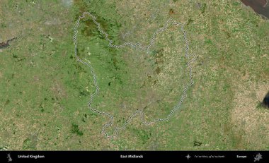 Doğu Midlands. Birleşik Krallık 'ın B uydusu görüntülerinde özetlenmiş idari alanı