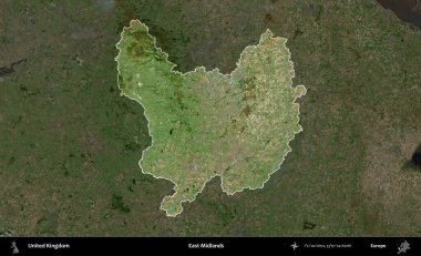 Doğu Midlands. Birleşik Krallık 'ın idari alanı karartılmış bir B uydusu görüntüsüyle vurgulanmış ve özetlenmiştir