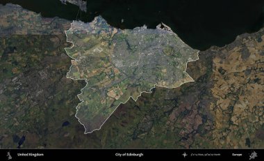 Edinburgh şehri. Birleşik Krallık 'ın idari alanı karartılmış bir B uydusu görüntüsüyle vurgulanmış ve özetlenmiştir