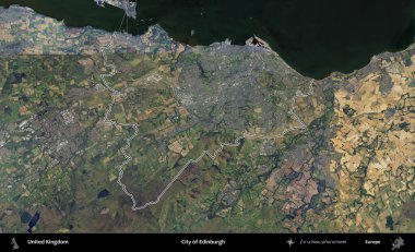 Edinburgh şehri. Birleşik Krallık 'ın B uydusu görüntülerinde özetlenmiş idari alanı