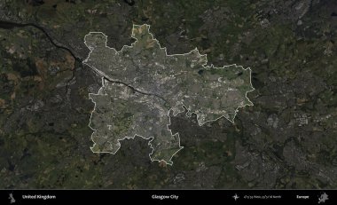 Glasgow Şehri. Birleşik Krallık 'ın idari alanı karartılmış bir B uydusu görüntüsüyle vurgulanmış ve özetlenmiştir