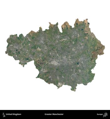 Daha büyük Manchester. Birleşik Krallık 'ın idari alanı B uydusundaki görüntülerde beyaza izole edildi