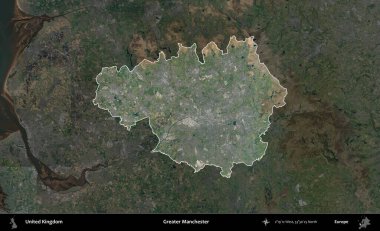 Daha büyük Manchester. Birleşik Krallık 'ın idari alanı karartılmış bir B uydusu görüntüsüyle vurgulanmış ve özetlenmiştir