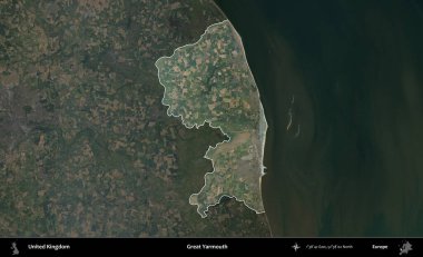 Yüce Yarmouth. Birleşik Krallık 'ın idari alanı karartılmış bir B uydusu görüntüsüyle vurgulanmış ve özetlenmiştir