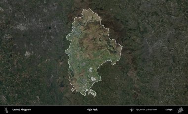 Yüksek Tepe. Birleşik Krallık 'ın idari alanı karartılmış bir B uydusu görüntüsüyle vurgulanmış ve özetlenmiştir