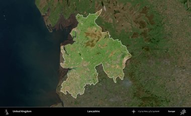 Lancashire. Birleşik Krallık 'ın idari alanı karartılmış bir B uydusu görüntüsüyle vurgulanmış ve özetlenmiştir