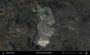 Londra Hillingdon İlçesi. Birleşik Krallık 'ın idari alanı karartılmış bir B uydusu görüntüsüyle vurgulanmış ve özetlenmiştir