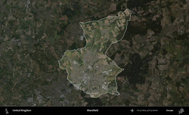 Mansfield. Birleşik Krallık 'ın idari alanı karartılmış bir B uydusu görüntüsüyle vurgulanmış ve özetlenmiştir