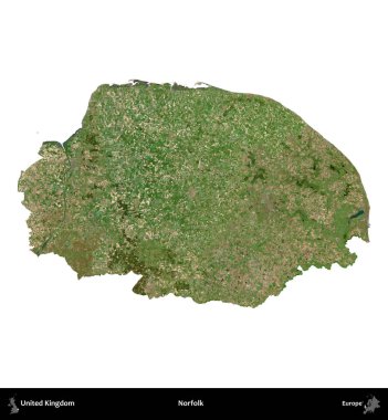 Norfolk. Birleşik Krallık 'ın idari alanı B uydusundaki görüntülerde beyaza izole edildi