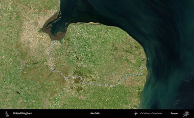 Norfolk. Birleşik Krallık 'ın B uydusu görüntülerinde özetlenmiş idari alanı