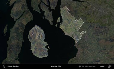 Kuzey Ayrshire. Birleşik Krallık 'ın idari alanı karartılmış bir B uydusu görüntüsüyle vurgulanmış ve özetlenmiştir