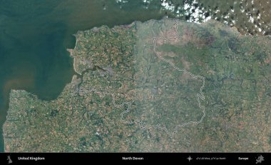 Kuzey Devon. Birleşik Krallık 'ın B uydusu görüntülerinde özetlenmiş idari alanı