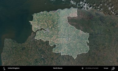 Kuzey Devon. Birleşik Krallık 'ın idari alanı karartılmış bir B uydusu görüntüsüyle vurgulanmış ve özetlenmiştir