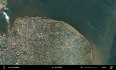 Kuzey Norfolk. Birleşik Krallık 'ın B uydusu görüntülerinde özetlenmiş idari alanı