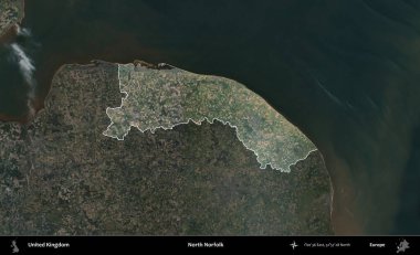 Kuzey Norfolk. Birleşik Krallık 'ın idari alanı karartılmış bir B uydusu görüntüsüyle vurgulanmış ve özetlenmiştir
