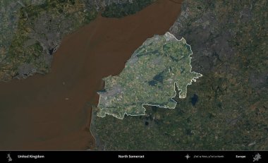 Kuzey Somerset. Birleşik Krallık 'ın idari alanı karartılmış bir B uydusu görüntüsüyle vurgulanmış ve özetlenmiştir