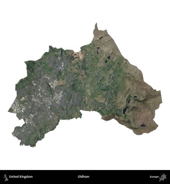Oldham. Birleşik Krallık 'ın idari alanı B uydusundaki görüntülerde beyaza izole edildi