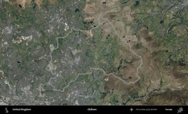 Oldham. Birleşik Krallık 'ın B uydusu görüntülerinde özetlenmiş idari alanı