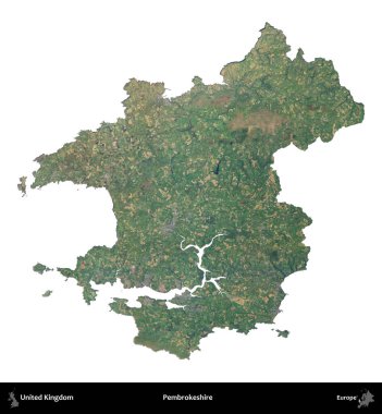 Pembrokeshire. Birleşik Krallık 'ın idari alanı B uydusundaki görüntülerde beyaza izole edildi