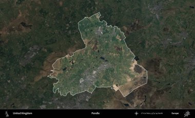 Pendle. Birleşik Krallık 'ın idari alanı karartılmış bir B uydusu görüntüsüyle vurgulanmış ve özetlenmiştir