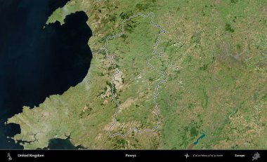 Powys. Birleşik Krallık 'ın B uydusu görüntülerinde özetlenmiş idari alanı