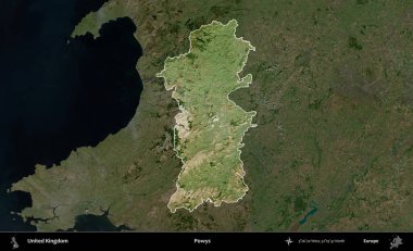 Powys. Birleşik Krallık 'ın idari alanı karartılmış bir B uydusu görüntüsüyle vurgulanmış ve özetlenmiştir