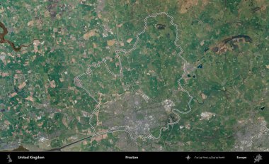 Preston. Birleşik Krallık 'ın B uydusu görüntülerinde özetlenmiş idari alanı