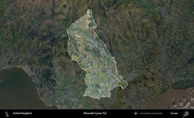Rhondda Cynon Taf. Birleşik Krallık 'ın idari alanı karartılmış bir B uydusu görüntüsüyle vurgulanmış ve özetlenmiştir