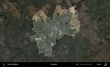 Rochdale 'de. Birleşik Krallık 'ın idari alanı karartılmış bir B uydusu görüntüsüyle vurgulanmış ve özetlenmiştir