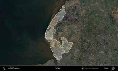 Sefton. Birleşik Krallık 'ın idari alanı karartılmış bir B uydusu görüntüsüyle vurgulanmış ve özetlenmiştir