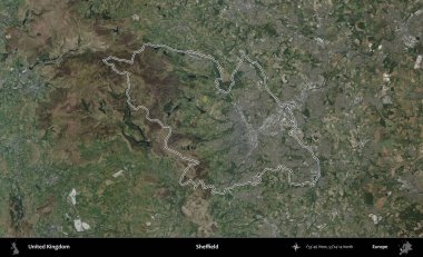 Sheffield. Birleşik Krallık 'ın B uydusu görüntülerinde özetlenmiş idari alanı